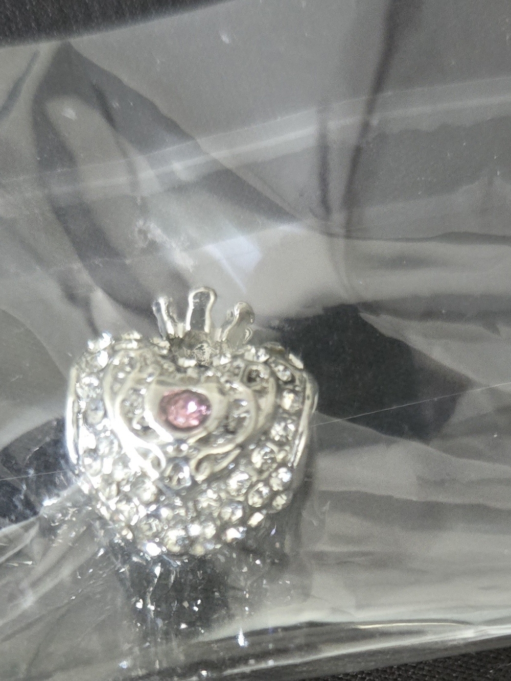 Silver Heart Crown Charm with Pink Crystal
